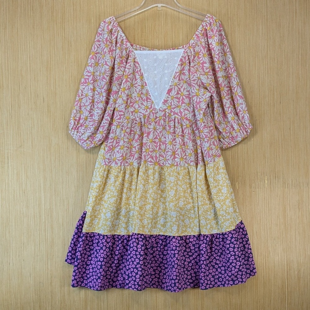 Oddi Boho Cottage Feminine Colorful Mixed Floral Tiered Babydoll Mini Dress 3XL